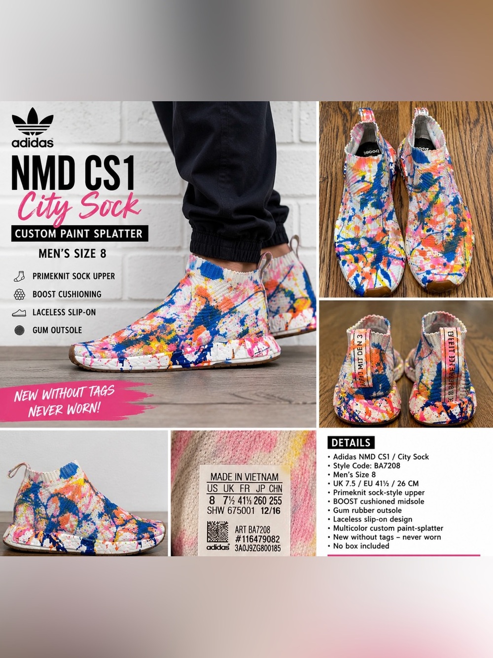 Adidas NMD CS1 City Sock Primeknit Custom Paint Splatter Men’s Size 8 NWOT